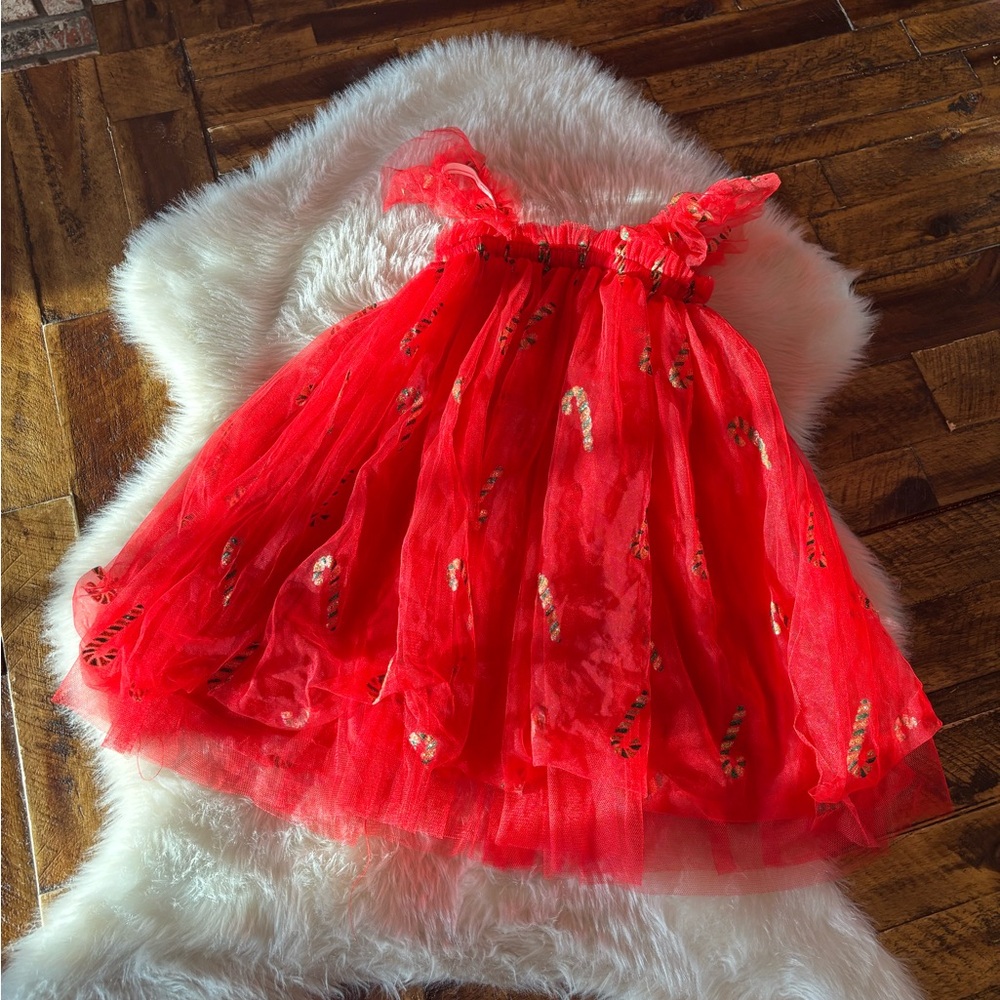 Red Tulle Holiday Dress with Gold Candy Cane Details